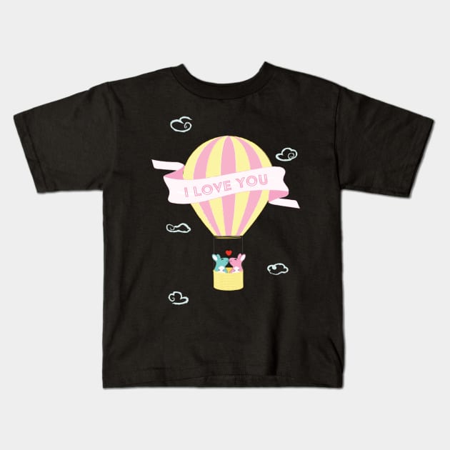 Lovely Bunnies Ride Air balloon Kids T-Shirt by Anicue